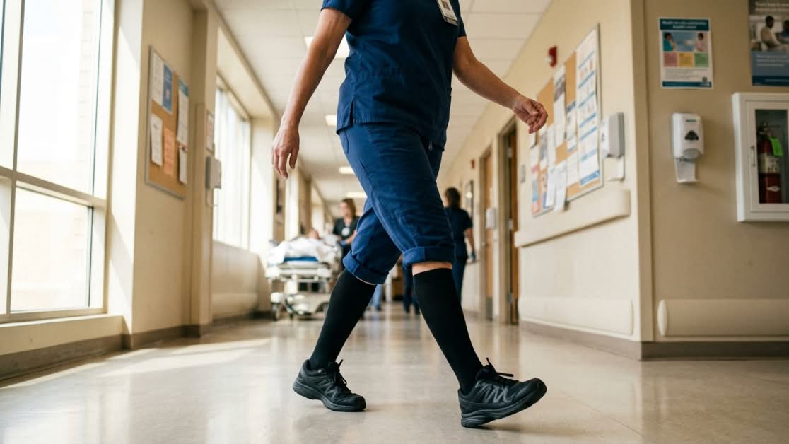 Person in scrubs walking a hospital hallway in dark knee-high socks.
